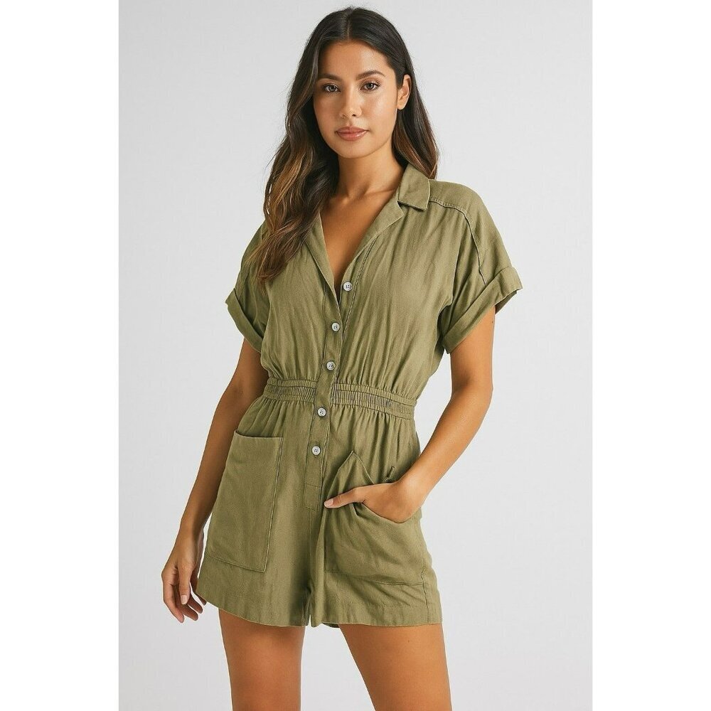New ZARA Khaki Green Linen Blend Button Shirt Playsuit Shorts Jumpsuit Medium
